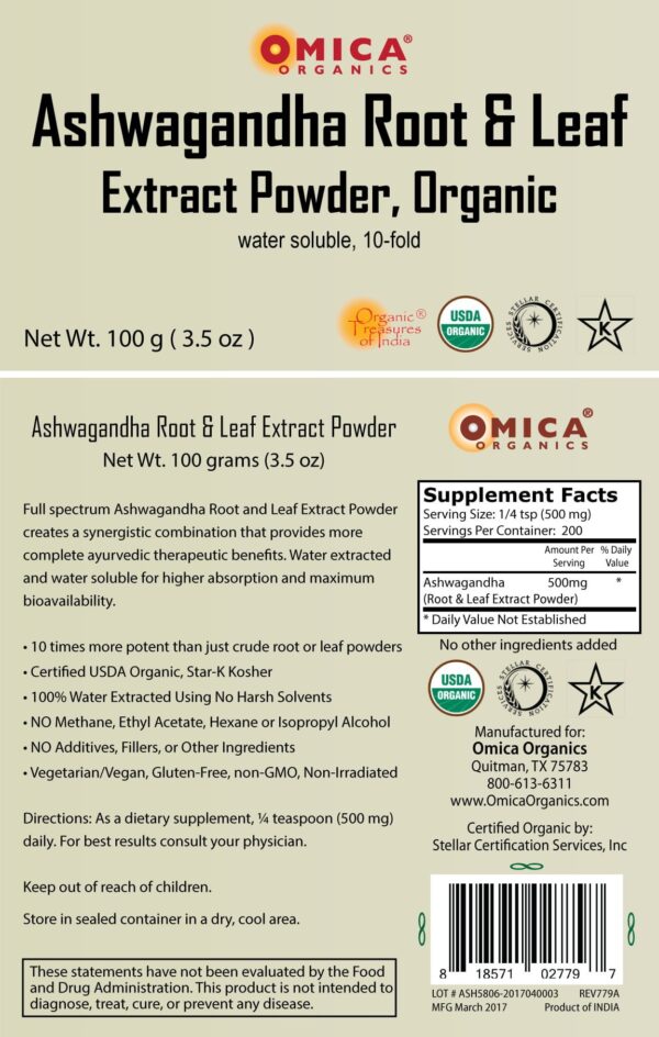 Ashwagandha Root & Leaf Extract Powder, Organic, Kosher (100 g / 3.5 oz) 2