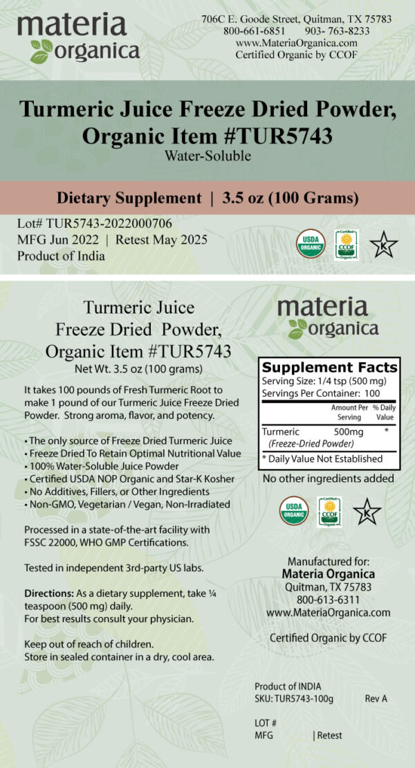 Turmeric Juice Freeze Dried Powder, Organic Item # TUR5743 (3.5 oz / 100 g) 2