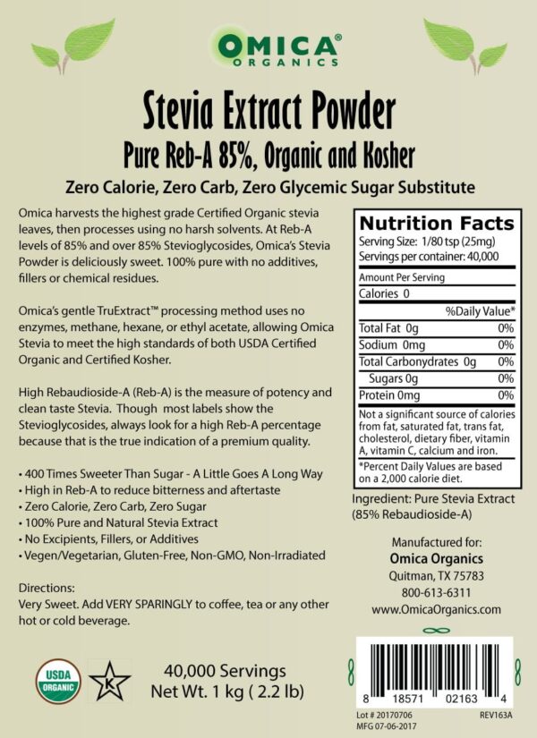 Stevia Extract Powder 85% Reb-A, Organic, Kosher (250 g, 1 k) bulk 2