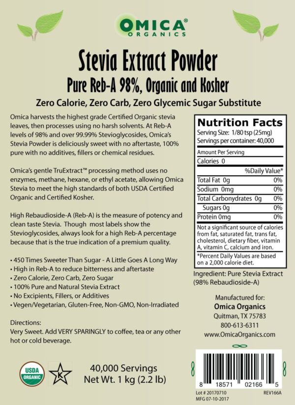 Stevia Extract Powder 98% Reb-A, Organic, Kosher (1 k, 2.2 lb) bulk 2