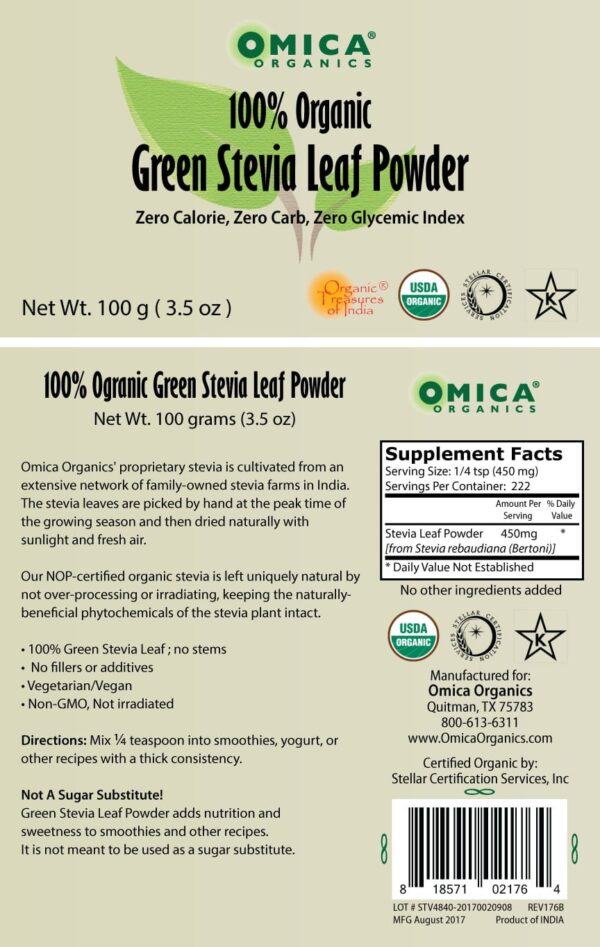 Green Leaf Stevia Powder, Organic, Kosher (100 g / 3.5 oz) 2