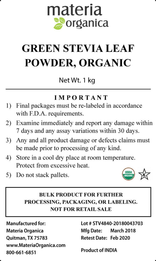 Green Leaf Stevia Powder, Organic, Kosher (1 kg / 2.2 lb) bulk 2