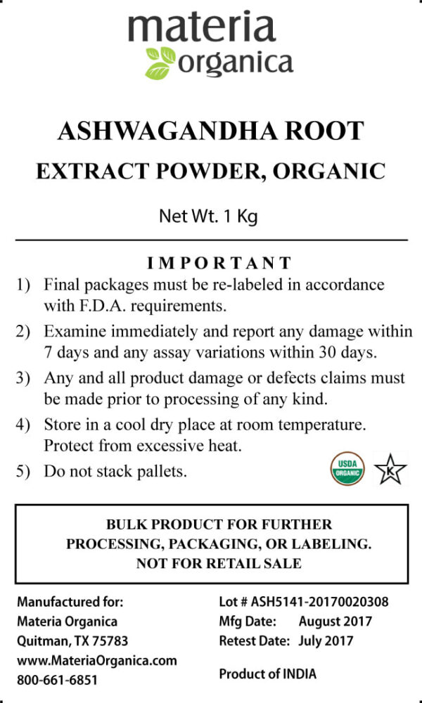 Ashwagandha Root Extract Powder, Organic, Kosher (1 kg / 2.2 lb) bulk 2