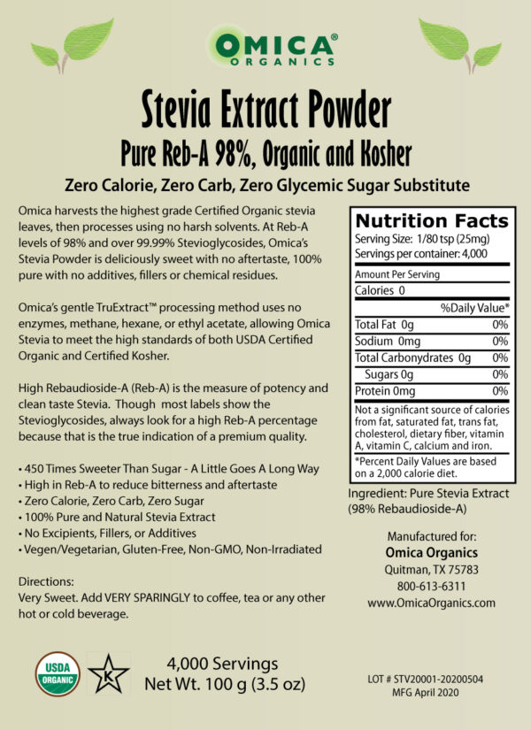 Stevia Extract Powder 98% Reb-A, Organic and Kosher (100g / 3.5 oz) 2